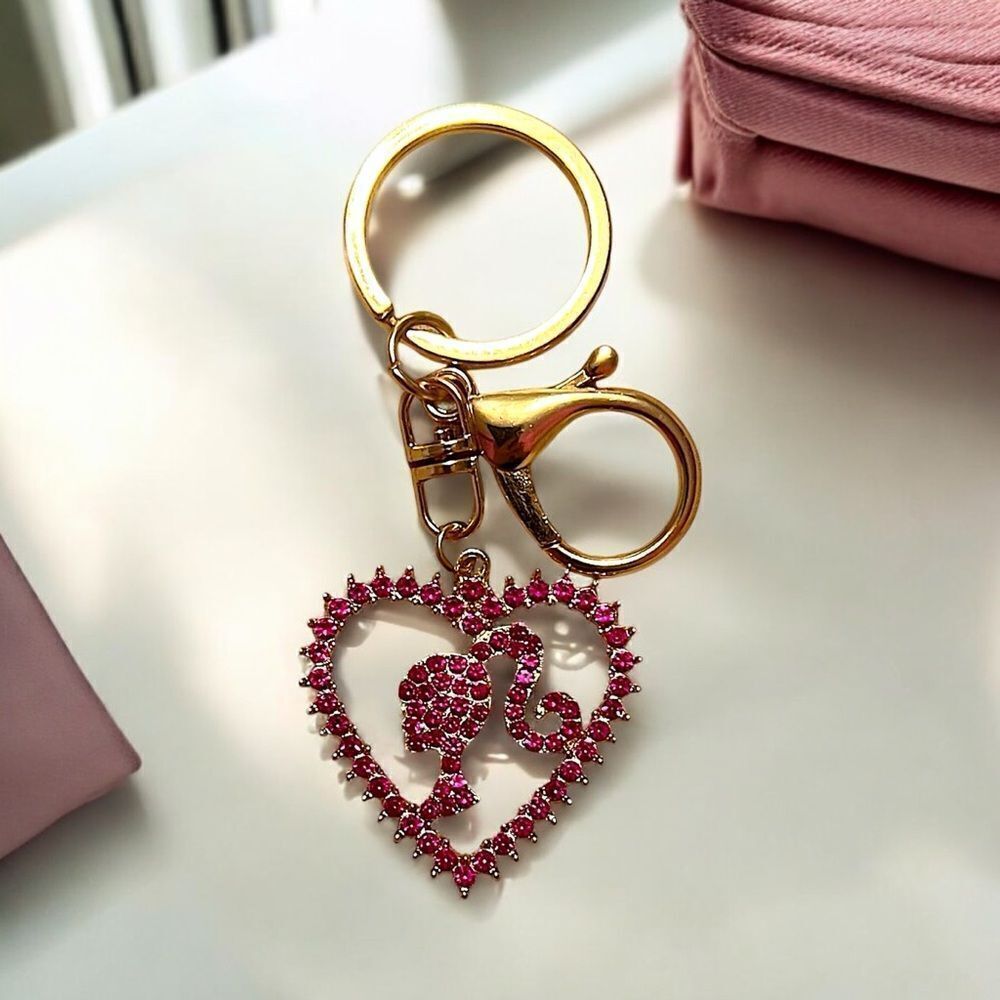 Barbie Fuchsia Rhinestone Heart Gold Tone Keychain Bag Charm
